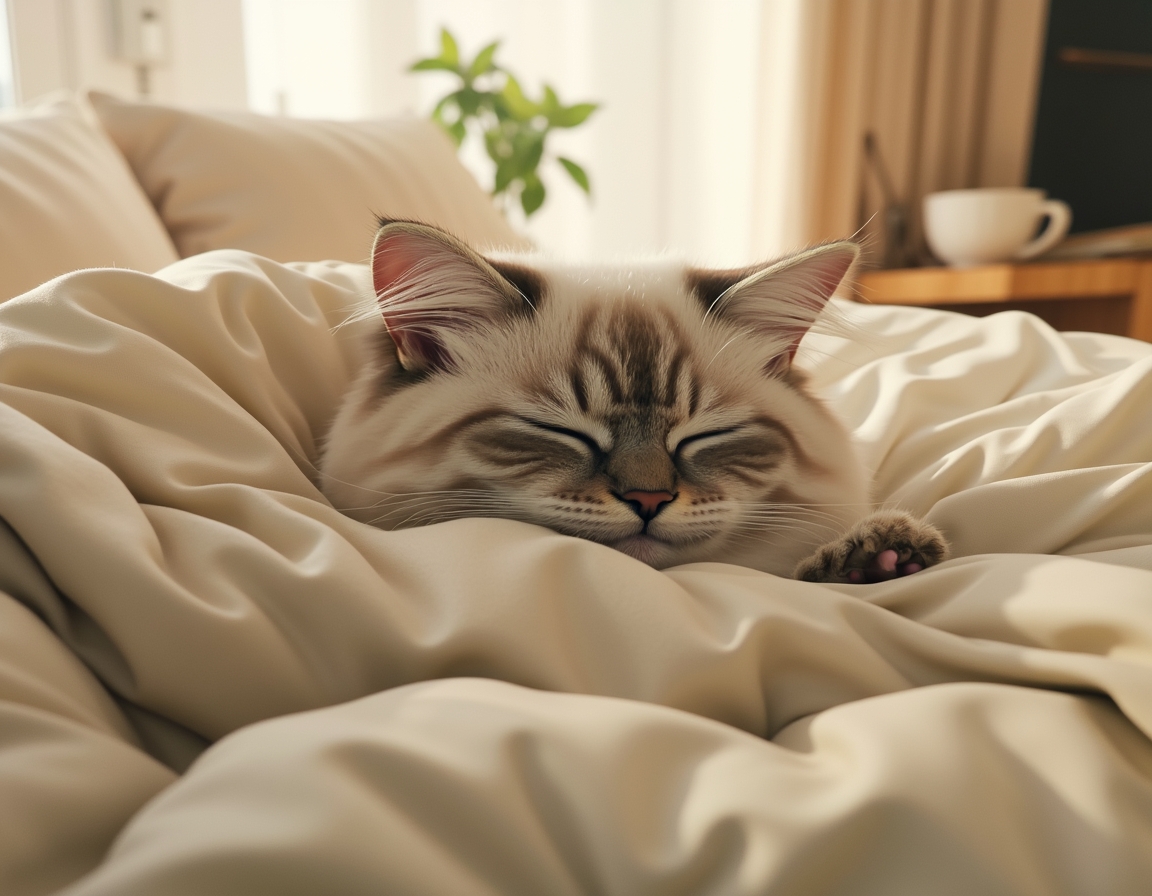 Cat is nestled under soft blankets on a bed, its eyes half-closed in peaceful relaxation. Morning sunlight streams through a nearby window, highlighting the soft textures of the bedding.